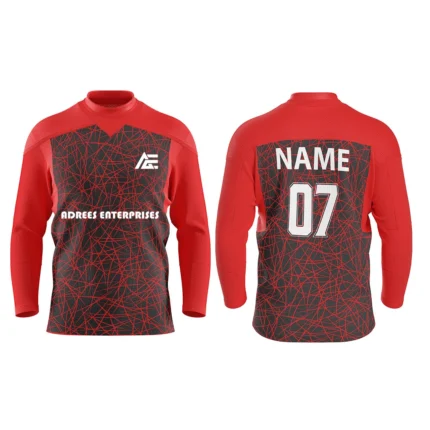 Custom ice hockey jersey in red with web-like pattern design and Adrees Enterprises branding, front and back views.