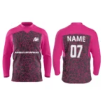 Custom ice hockey jersey in pink with web-like pattern design and Adrees Enterprises branding, front and back views.
