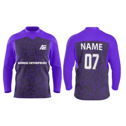 Custom ice hockey jersey in purple with web-like pattern design and Adrees Enterprises branding, front and back views.