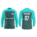 Custom ice hockey jersey in teal with web-like pattern design and Adrees Enterprises branding, front and back views.