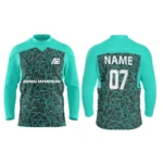 Custom ice hockey jersey in light teal with web-like pattern design and Adrees Enterprises branding, front and back views.