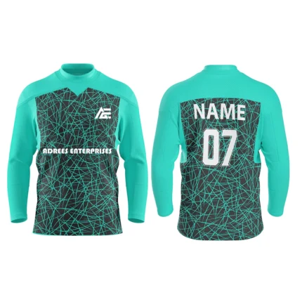 Custom ice hockey jersey in light teal with web-like pattern design and Adrees Enterprises branding, front and back views.