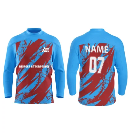 Custom ice hockey jersey in blue and red with bold abstract brush stroke design.