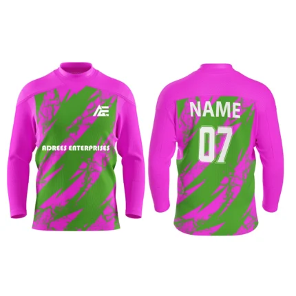 Custom ice hockey jersey in pink and green with bold abstract brush stroke design.
