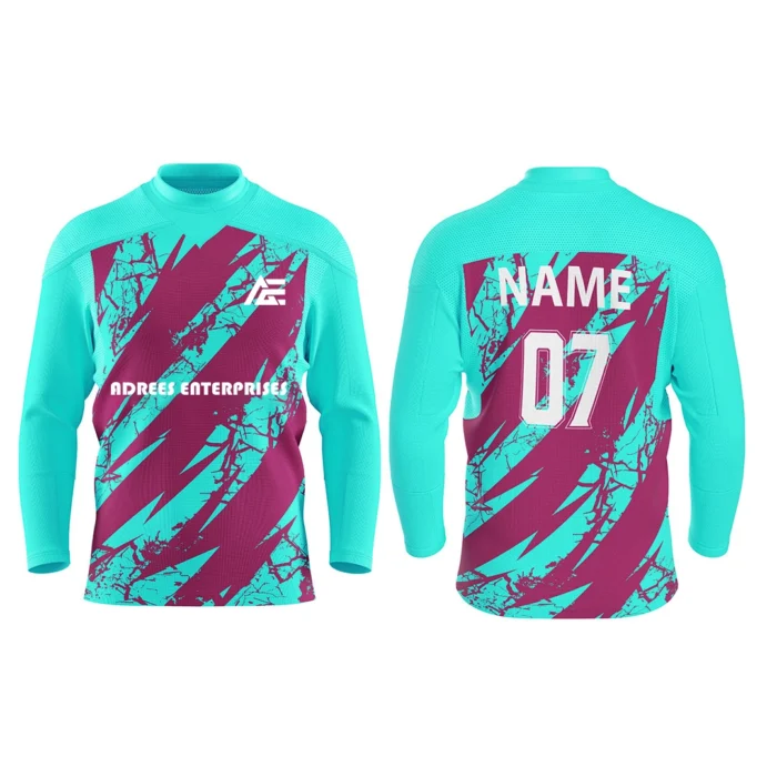 Custom ice hockey jersey in teal and maroon with bold abstract brush stroke design.