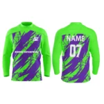 Custom ice hockey jersey in green and purple with bold abstract brush stroke design.