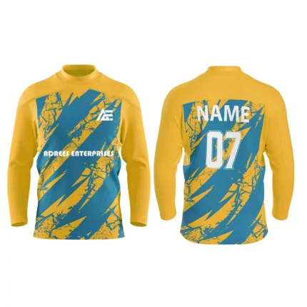 Custom ice hockey jersey in yellow and blue with bold abstract brush stroke design.