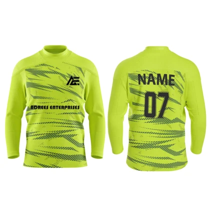 Custom lime green ice hockey jersey by Adrees Enterprises with personalized name and number on the back.