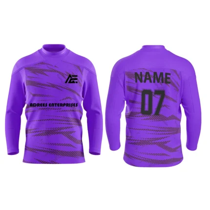 Custom purple ice hockey jersey by Adrees Enterprises featuring personalized name and number on the back.