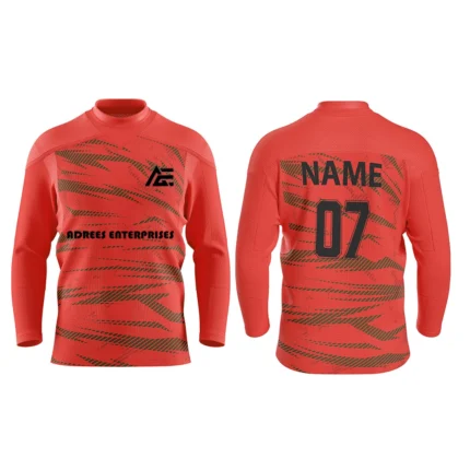 Custom red ice hockey jersey by Adrees Enterprises with personalized name and number for players.
