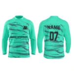 Custom teal ice hockey jersey by Adrees Enterprises with a sleek design and personalized name and number.