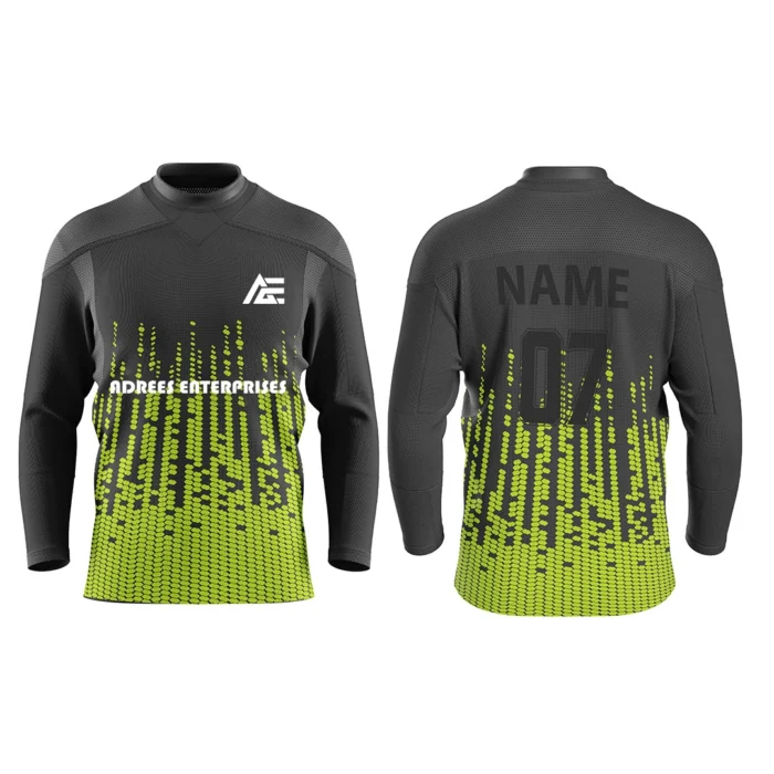 Custom black and yellow ice hockey jersey by Adrees Enterprises with modern gradient design and personalized name and number.