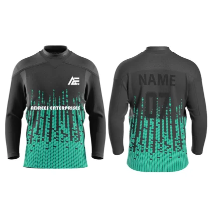 Custom black and teal ice hockey jersey by Adrees Enterprises featuring a gradient pattern with name and number customization.
