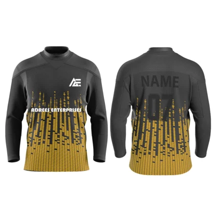 Custom black and gold ice hockey jersey by Adrees Enterprises, offering a stylish gradient design and personalized options for players.