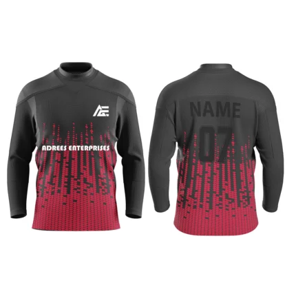 Custom black and red ice hockey jersey by Adrees Enterprises designed with a gradient pattern for personalized name and number.