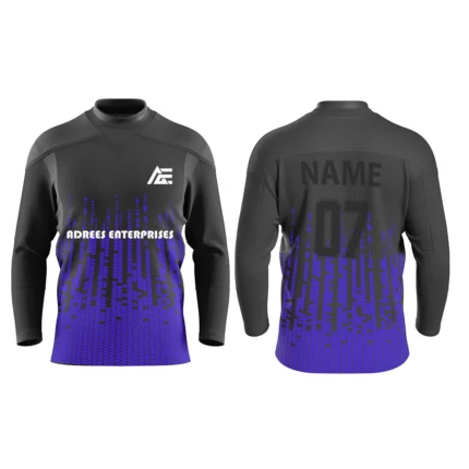 Custom black and blue ice hockey jersey by Adrees Enterprises with a modern gradient style and name-number personalization.