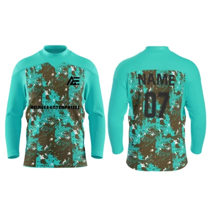 Custom teal and brown ice hockey jersey by Adrees Enterprises showcasing a camouflage pattern with name and number personalization.