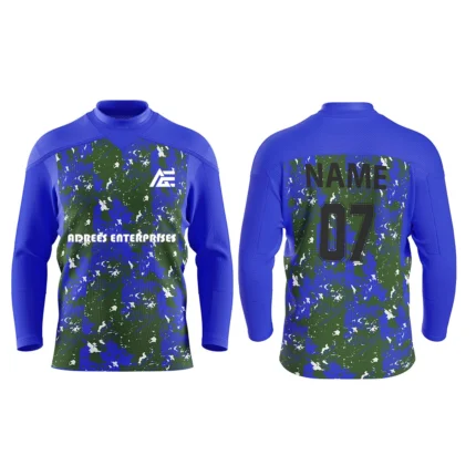 Custom blue and green ice hockey jersey by Adrees Enterprises with a striking camouflage design and customizable name and number.