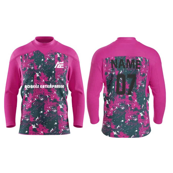 Custom pink and dark green ice hockey jersey by Adrees Enterprises offering a unique camouflage pattern with personalization options.