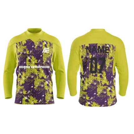 Custom yellow and purple ice hockey jersey by Adrees Enterprises with a creative camouflage design and personalized name and number options.