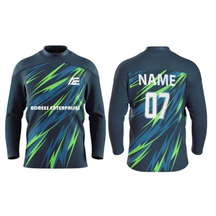 Custom navy and green ice hockey jersey by Adrees Enterprises with a dynamic lightning pattern and personalized name and number.