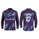 Custom purple and teal ice hockey jersey by Adrees Enterprises featuring a bold lightning design and customizable name and number.
