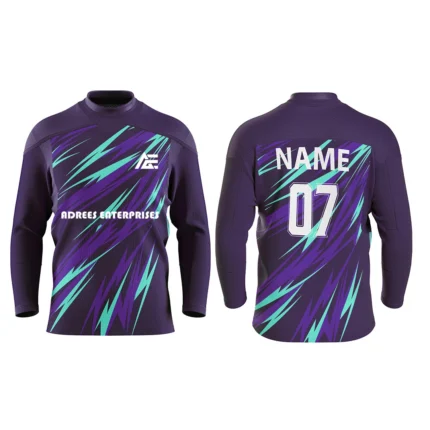 Custom purple and teal ice hockey jersey by Adrees Enterprises featuring a bold lightning design and customizable name and number.