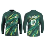 Custom dark green and yellow ice hockey jersey by Adrees Enterprises showcasing a lightning-inspired pattern with personalized options.