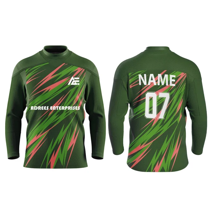 Custom olive green and red ice hockey jersey by Adrees Enterprises with a striking lightning design and name-number personalization.