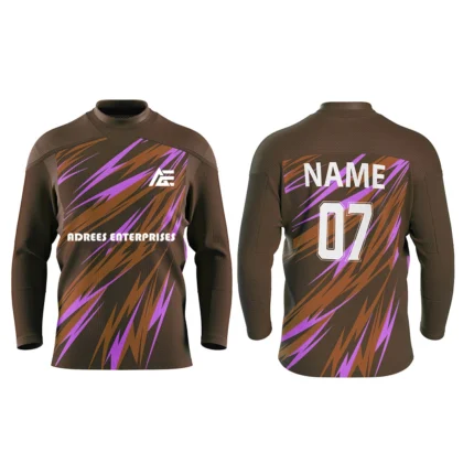Custom brown and purple ice hockey jersey by Adrees Enterprises offering a unique lightning pattern and options for player customization.