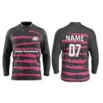 Custom black and pink ice hockey jersey by Adrees Enterprises featuring a bold stripe design and customizable name and number.