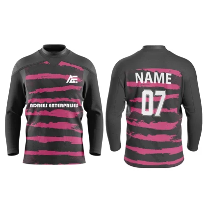 Custom black and pink ice hockey jersey by Adrees Enterprises featuring a bold stripe design and customizable name and number.