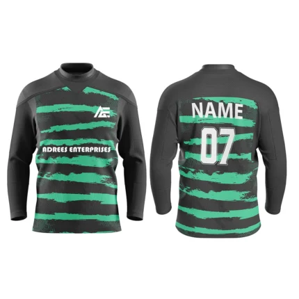 Custom black and green ice hockey jersey by Adrees Enterprises showcasing bold stripes with name and number personalization.