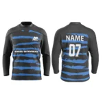 Custom black and blue ice hockey jersey by Adrees Enterprises designed with a striking stripe pattern and customizable options.