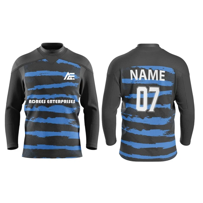 Custom black and blue ice hockey jersey by Adrees Enterprises designed with a striking stripe pattern and customizable options.