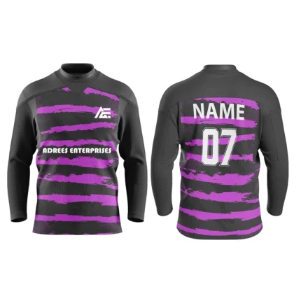 Custom black and purple ice hockey jersey by Adrees Enterprises offering bold stripes with player customization.