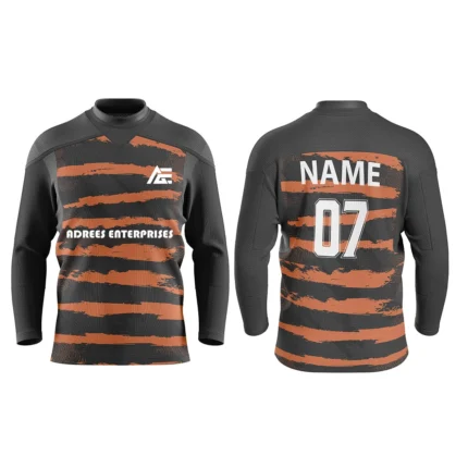 Custom black and orange ice hockey jersey by Adrees Enterprises featuring a stripe design with options for personalized name and number.