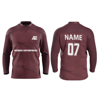Custom ice hockey jersey in maroon color by Adrees Enterprises with personalized name and number