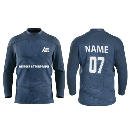 Custom ice hockey jersey in navy blue color by Adrees Enterprises with personalized name and number
