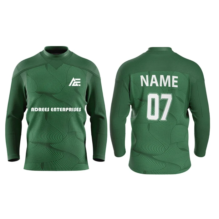 Custom ice hockey jersey in emerald green color by Adrees Enterprises with personalized name and number