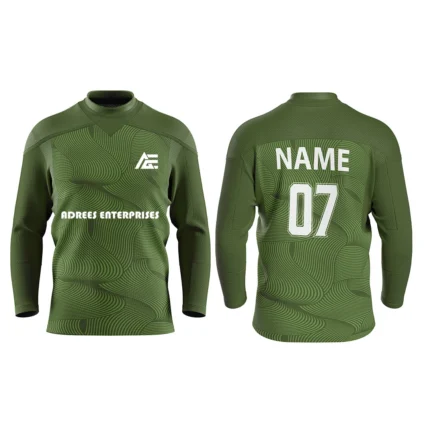 Custom ice hockey jersey in olive green color by Adrees Enterprises with personalized name and number