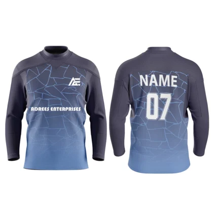Custom ice hockey jersey in gradient blue and gray by Adrees Enterprises with personalized name and number