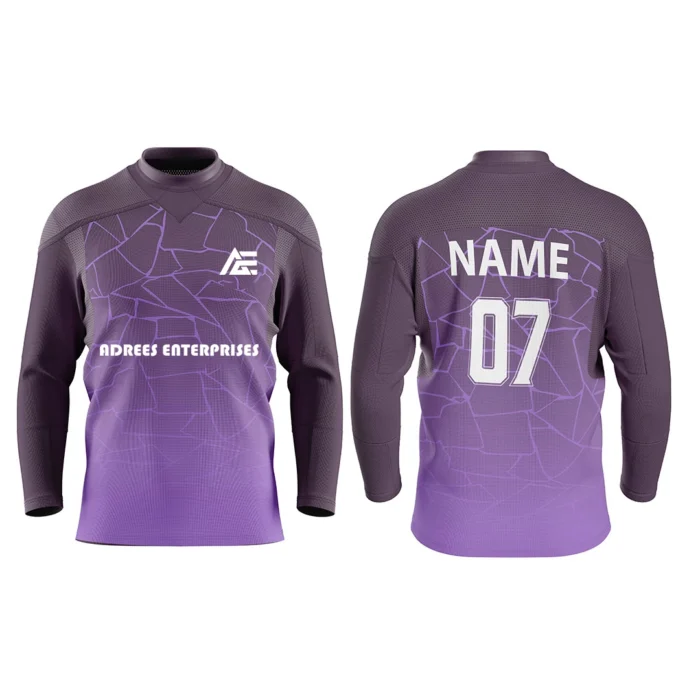 Custom ice hockey jersey in gradient purple and gray by Adrees Enterprises with personalized name and number