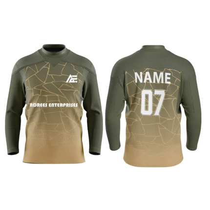 Custom ice hockey jersey in gradient gold and olive by Adrees Enterprises with personalized name and number