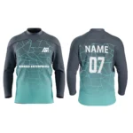 Custom ice hockey jersey in gradient teal and gray by Adrees Enterprises with personalized name and number