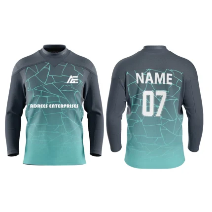 Custom ice hockey jersey in gradient teal and gray by Adrees Enterprises with personalized name and number