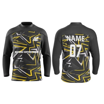 Black custom ice hockey jersey with yellow star pattern by Adrees Enterprises.
