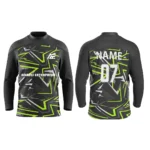 Black custom ice hockey jersey with neon green accents and star patterns by Adrees Enterprises.