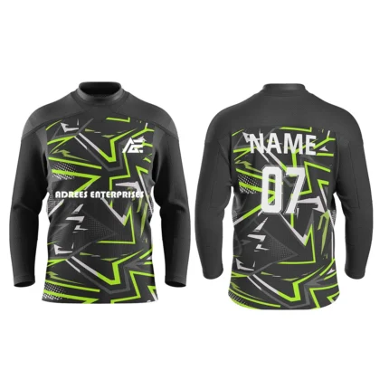 Black custom ice hockey jersey with neon green accents and star patterns by Adrees Enterprises.