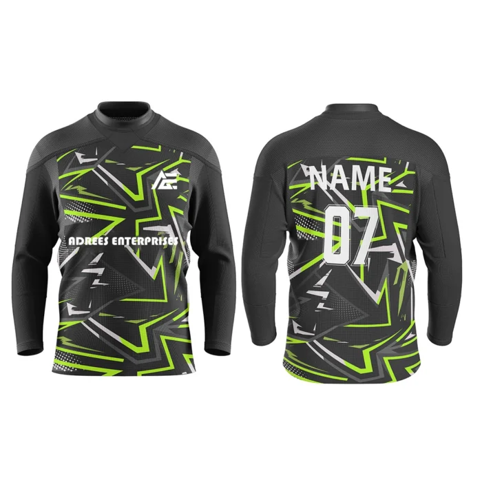 Black custom ice hockey jersey with neon green accents and star patterns by Adrees Enterprises.